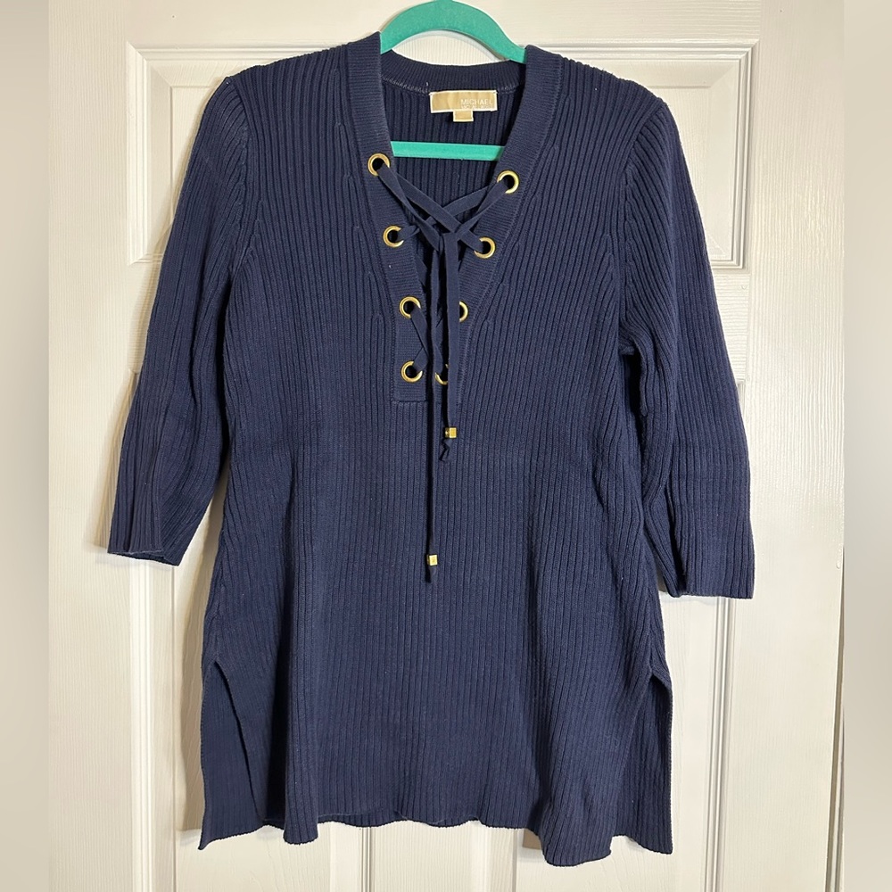 MICHAEL Michael Kors Ribbed Lace Up Three Quarter Sleeve Navy Blue Sweater Sz L